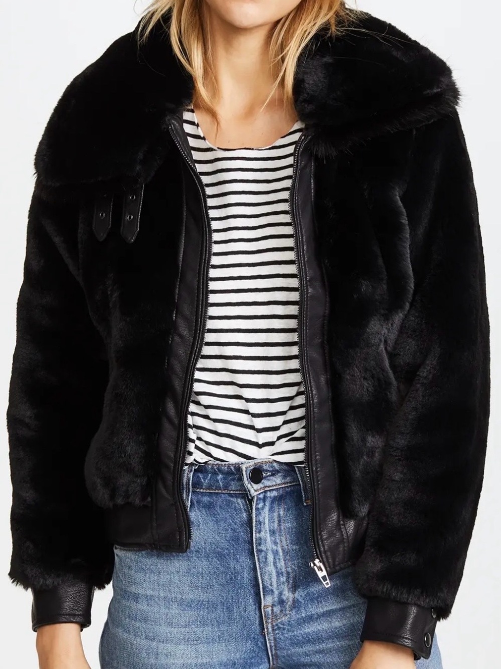 BlankNYC Noise Faux Fur Bomber Jacket Black Red Vegan Leather Womens Size XS NWT